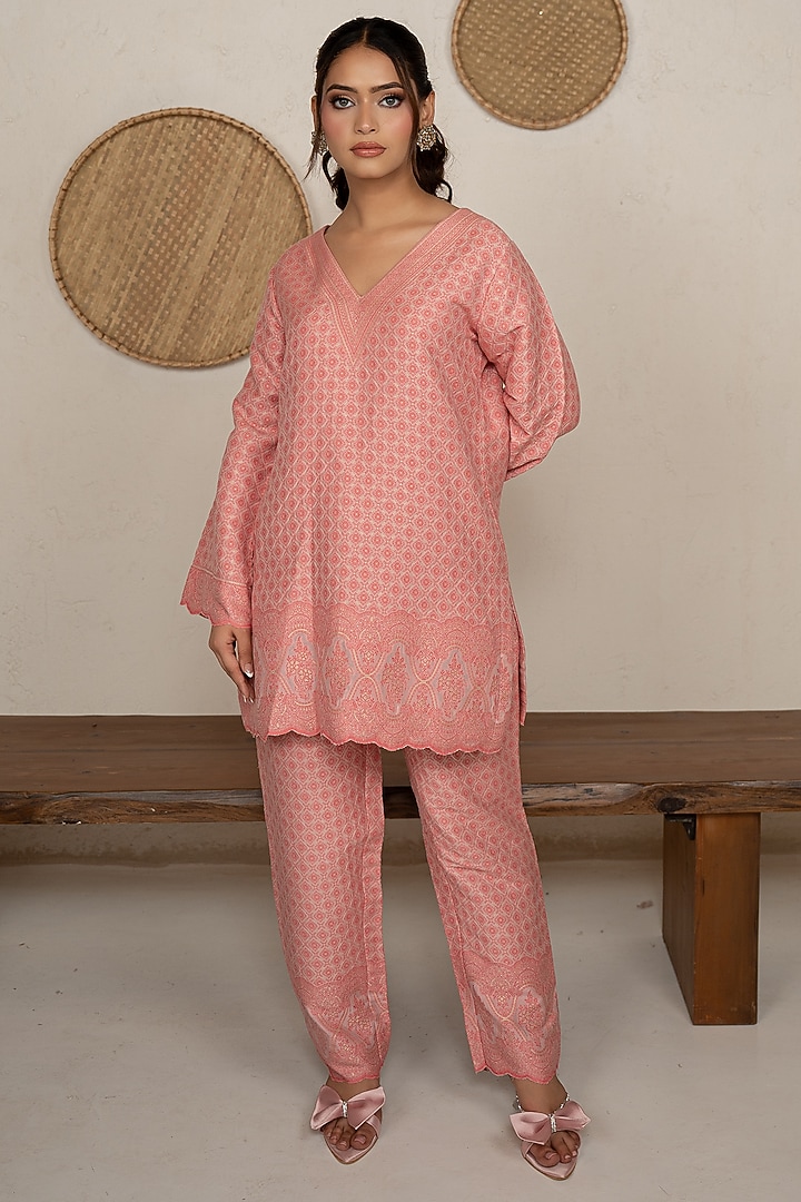 Soft Peach Moonga Silk Chikankari Co-Ord Set by Safaa at Pernia's Pop Up Shop