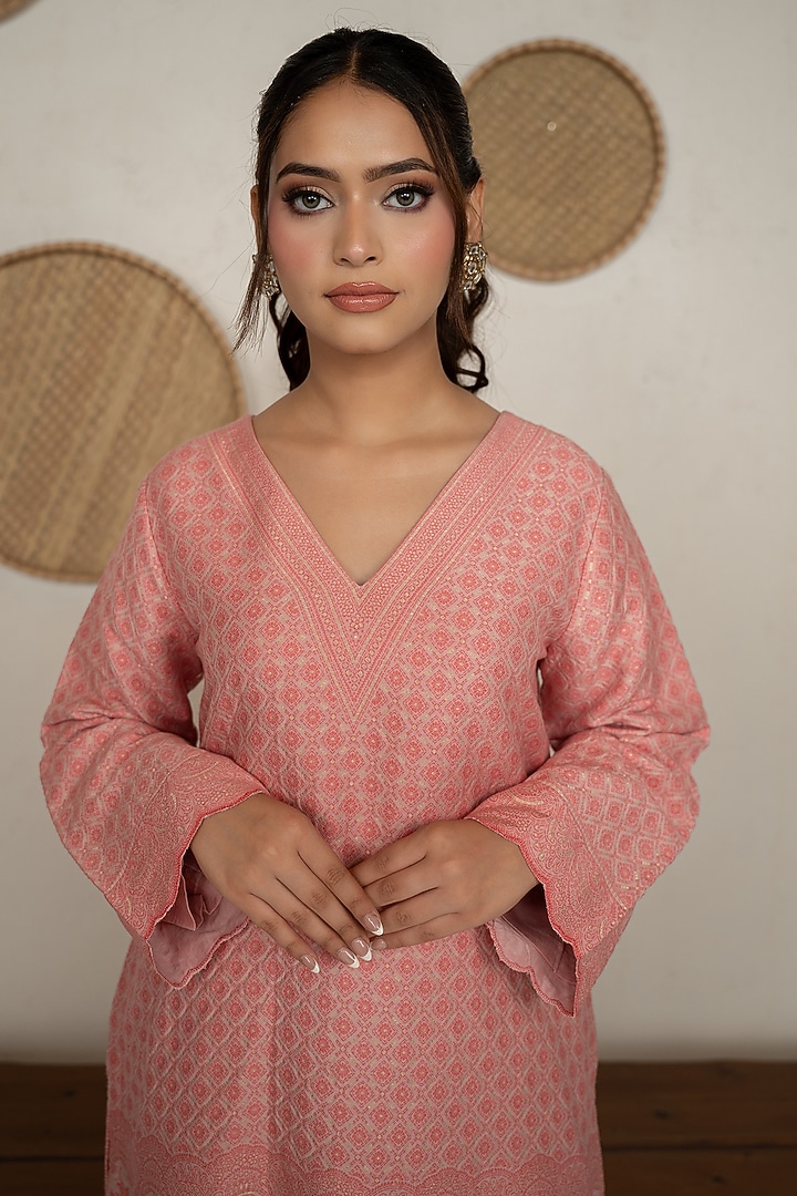 Soft Peach Moonga Silk Chikankari Co-Ord Set by Safaa at Pernia's Pop Up Shop
