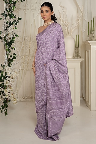 Violet Moonga Silk Chikankari Saree Set by Safaa
