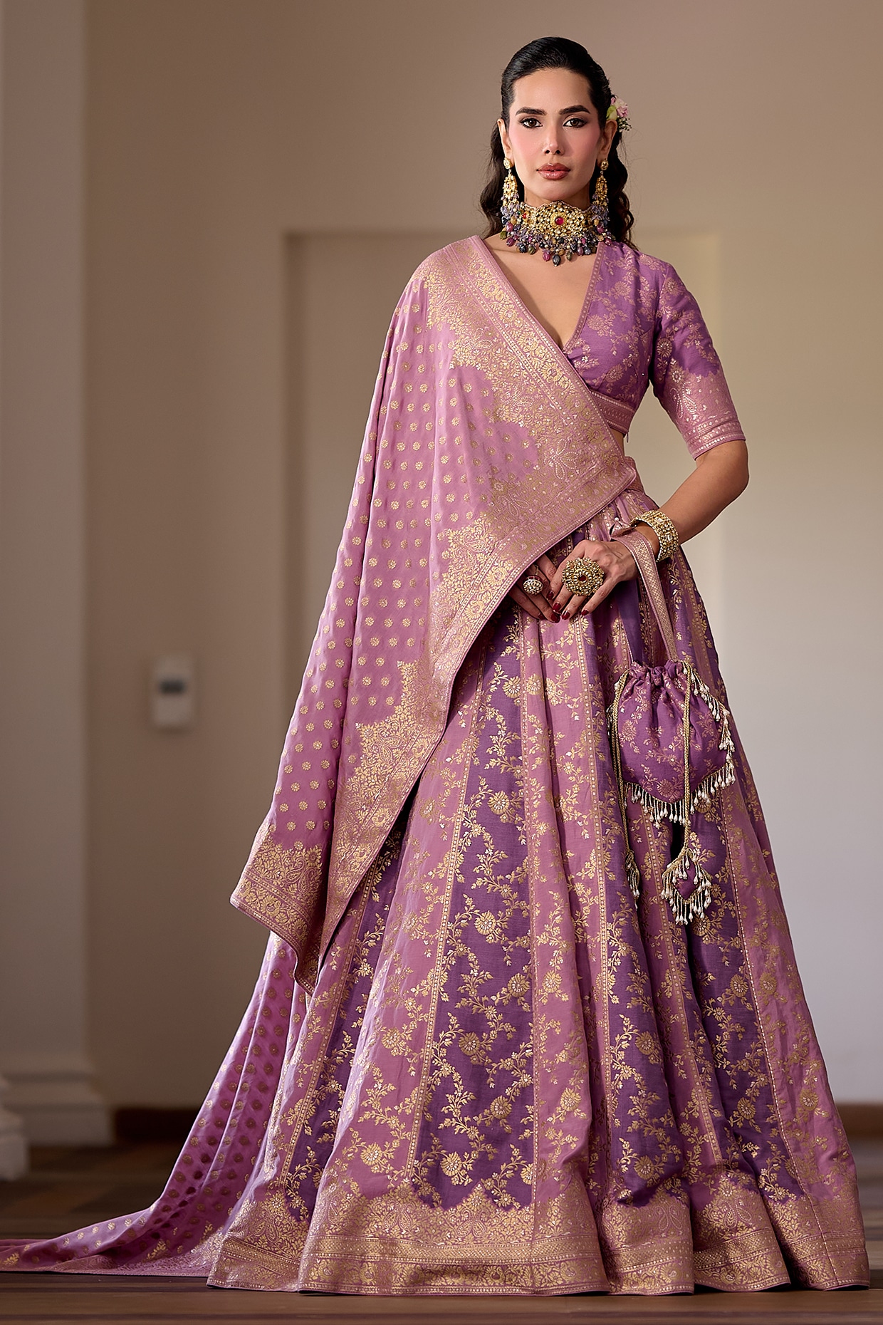 Safaa Lilac Moonga Silk Floral & Zari Embroidered Lehenga Set
