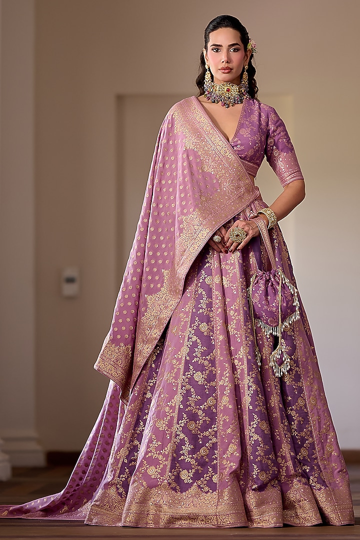 Lilac Moonga Silk Floral & Zari Embroidered Wedding Lehenga Set by Safaa at Pernia's Pop Up Shop
