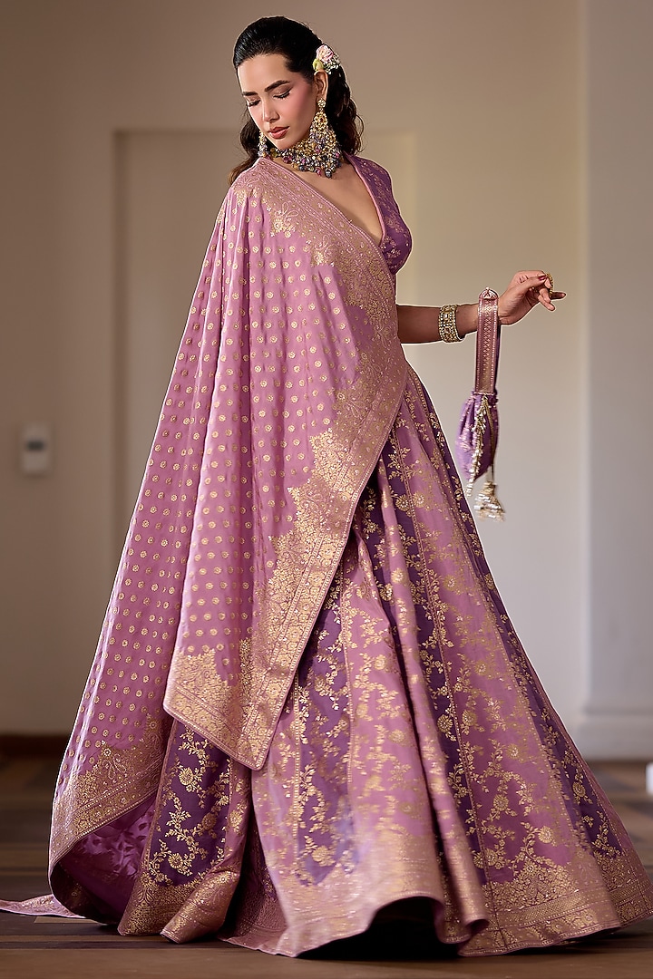 Lilac Moonga Silk Floral & Zari Embroidered Wedding Lehenga Set by Safaa at Pernia's Pop Up Shop