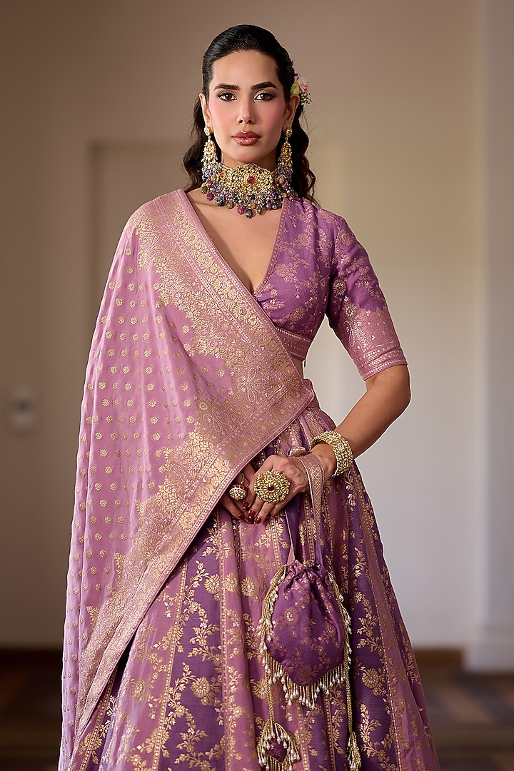 Lilac Moonga Silk Floral & Zari Embroidered Wedding Lehenga Set by Safaa at Pernia's Pop Up Shop