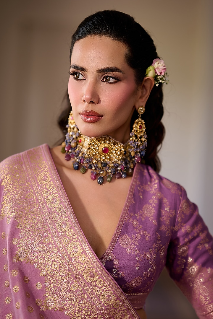 Lilac Moonga Silk Floral & Zari Embroidered Wedding Lehenga Set by Safaa at Pernia's Pop Up Shop