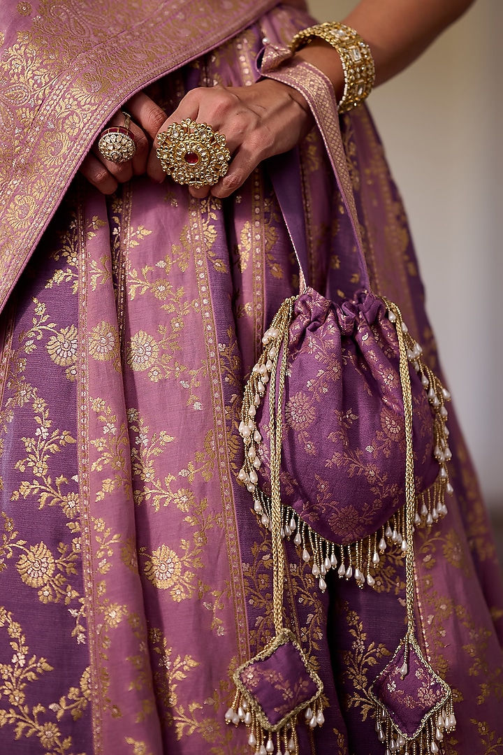 Lilac Moonga Silk Floral & Zari Embroidered Wedding Lehenga Set by Safaa at Pernia's Pop Up Shop