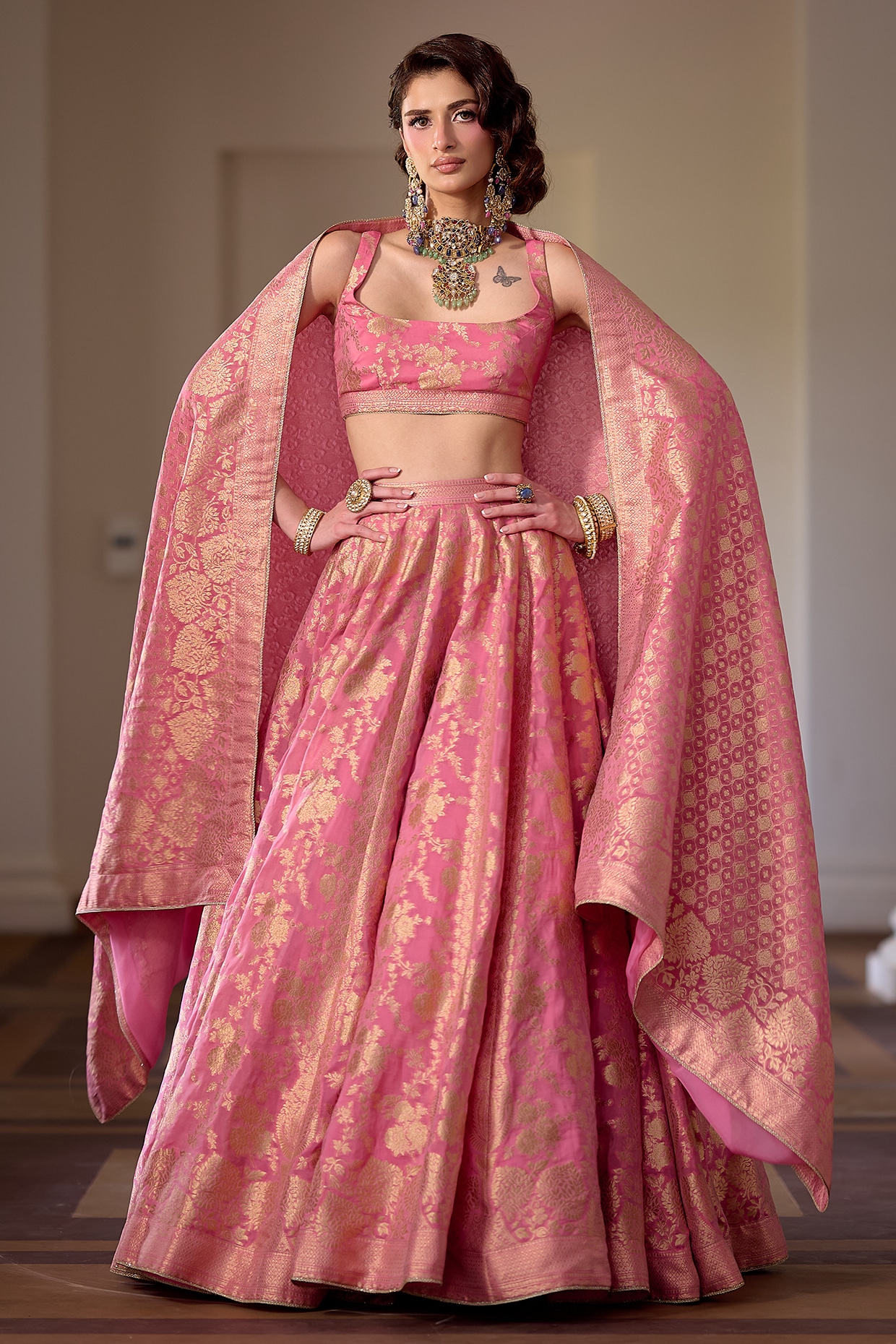 Safaa Rouge Pink Organza Zari & Gota Embellished Lehenga Set