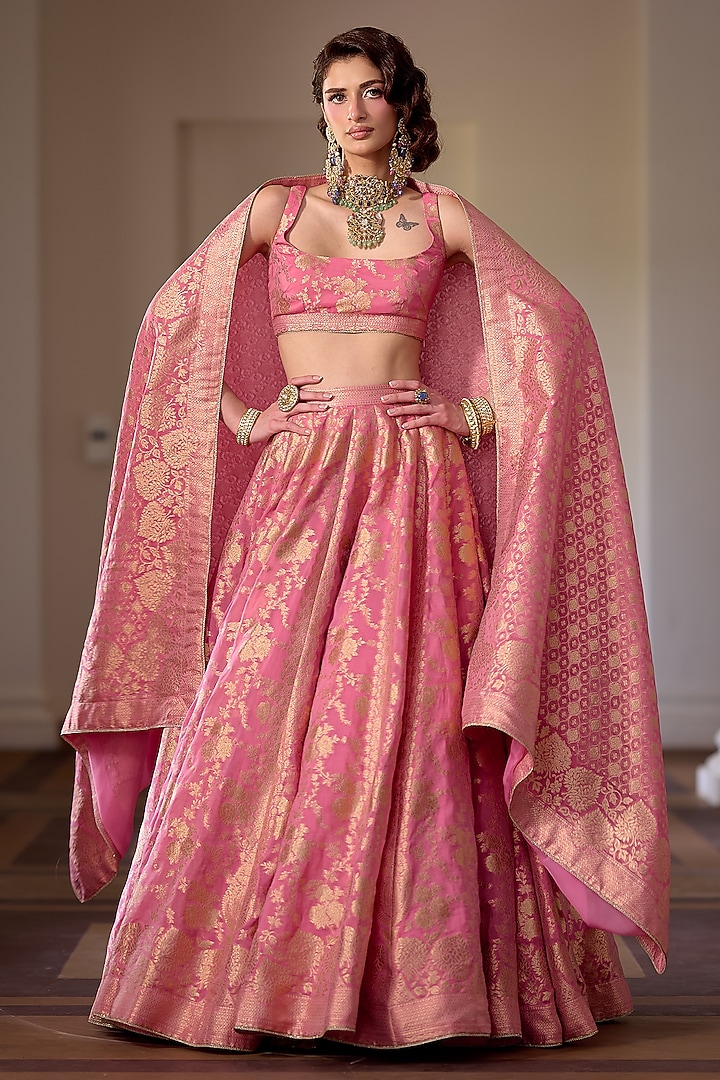 Rouge Pink Organza Zari & Gota Embellished Wedding Lehenga Set by Safaa at Pernia's Pop Up Shop