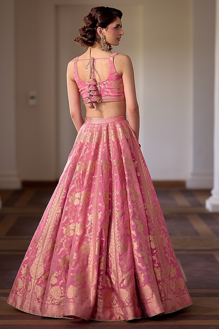 Rouge Pink Organza Zari & Gota Embellished Wedding Lehenga Set by Safaa at Pernia's Pop Up Shop