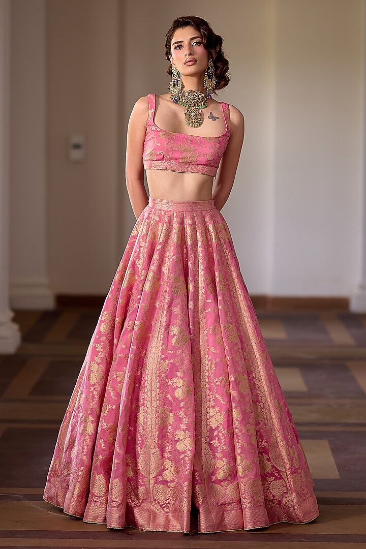 Rouge Pink Organza Zari & Gota Embellished Wedding Lehenga Set by Safaa at Pernia's Pop Up Shop