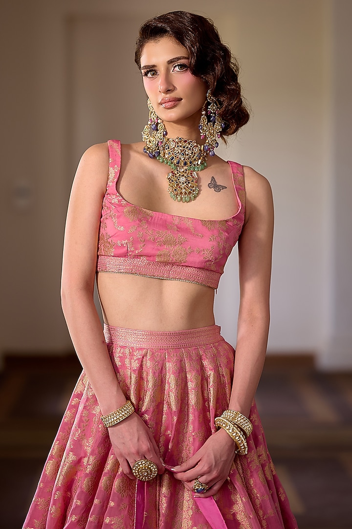 Rouge Pink Organza Zari & Gota Embellished Wedding Lehenga Set by Safaa at Pernia's Pop Up Shop