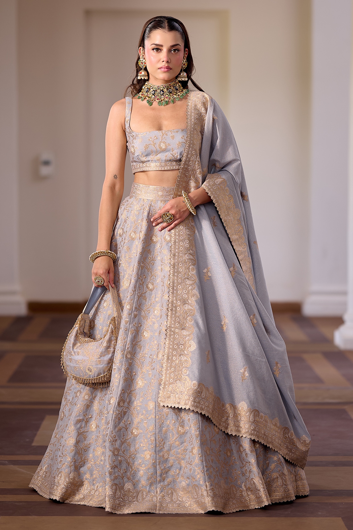 Safaa Cloudy Grey Vegan Silk Floral & Zari Embellished Lehenga Set