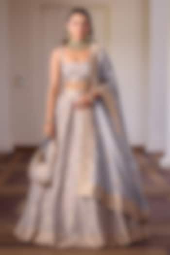 Cloudy Grey Vegan Silk Floral & Zari Embellished Wedding Lehenga Set by Safaa at Pernia's Pop Up Shop