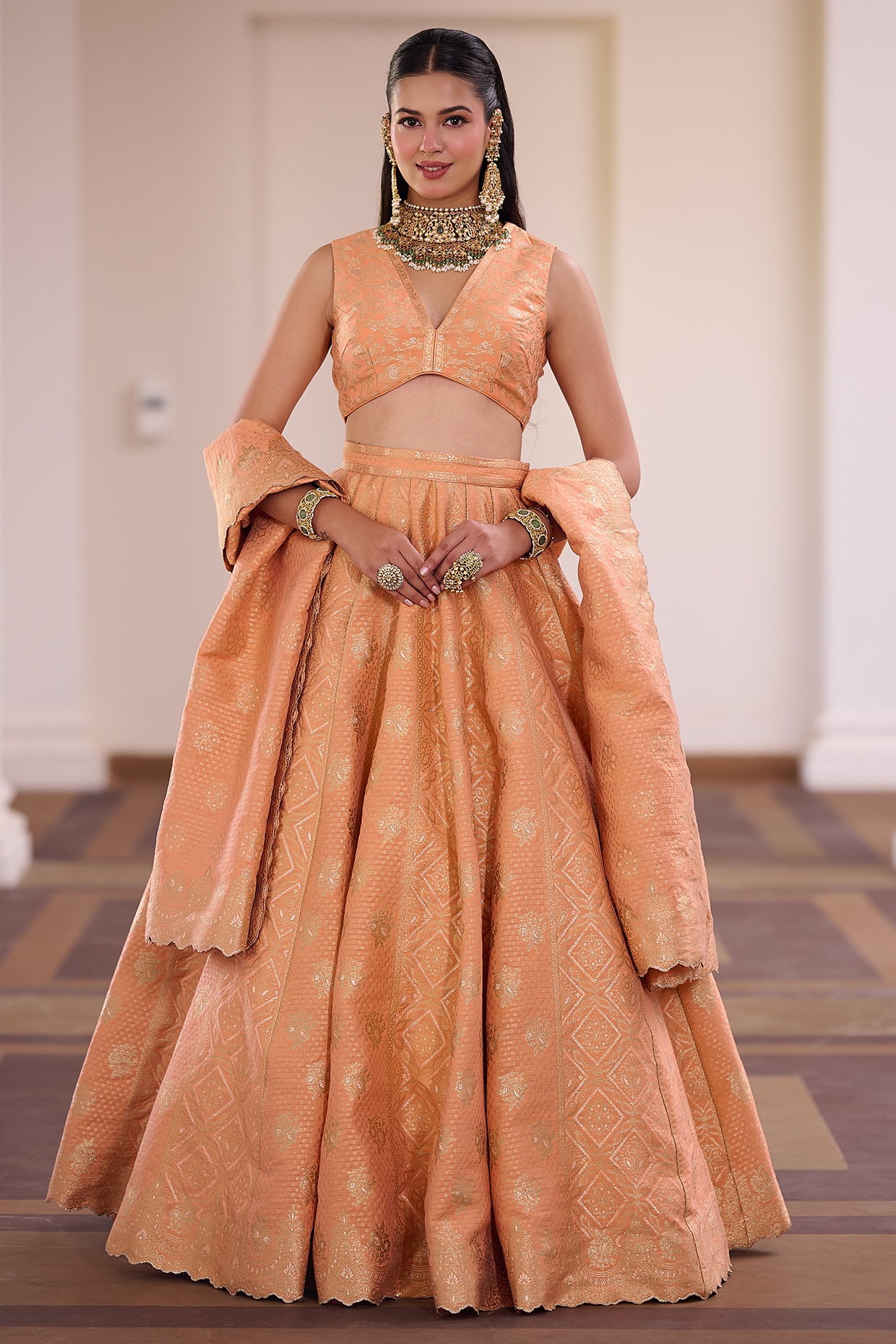 Safaa Apricot Vegan Silk Gota Embellished Lehenga Set