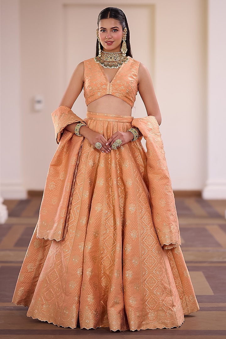 Apricot Vegan Silk Gota Embellished Wedding Lehenga Set by Safaa at Pernia's Pop Up Shop