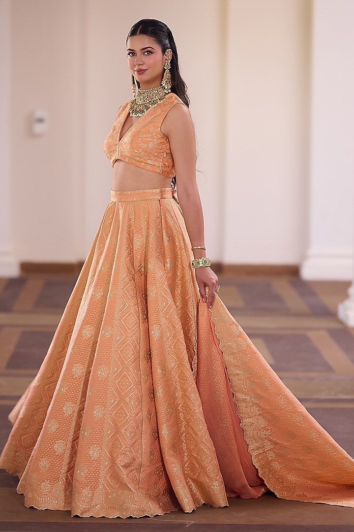 Apricot Vegan Silk Gota Embellished Wedding Lehenga Set by Safaa at Pernia's Pop Up Shop