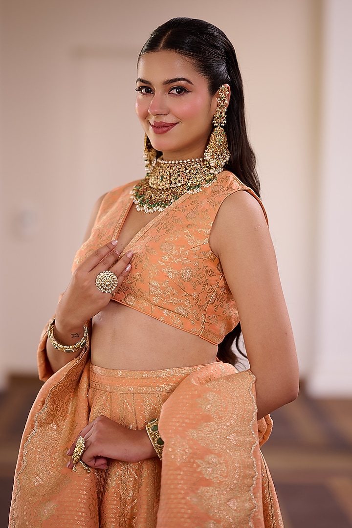 Apricot Vegan Silk Gota Embellished Wedding Lehenga Set by Safaa at Pernia's Pop Up Shop