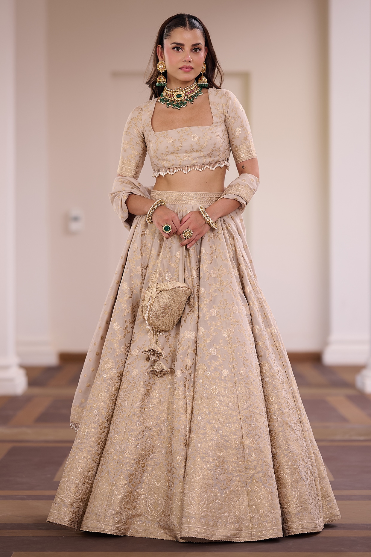 Safaa Ivory Vegan Silk Floral & Gota Embellished Lehenga Set