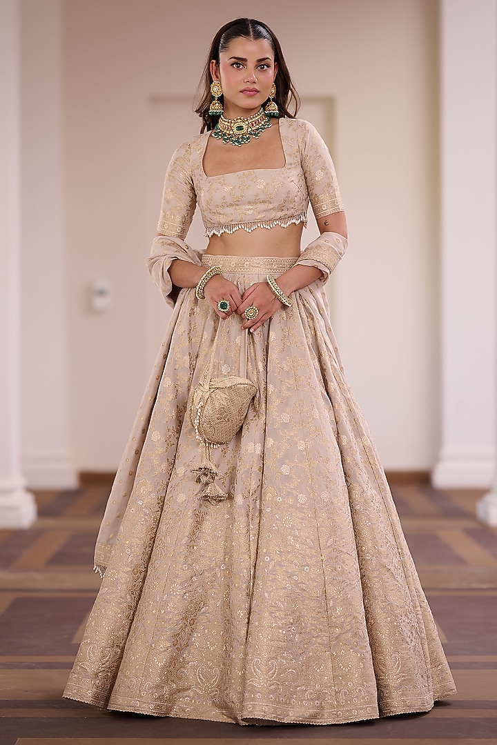 Ivory Vegan Silk Floral & Gota Embellished Wedding Lehenga Set by Safaa at Pernia's Pop Up Shop