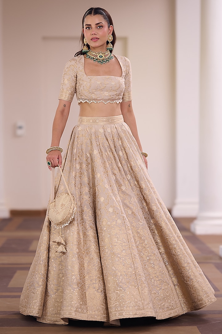 Ivory Vegan Silk Floral & Gota Embellished Wedding Lehenga Set by Safaa at Pernia's Pop Up Shop