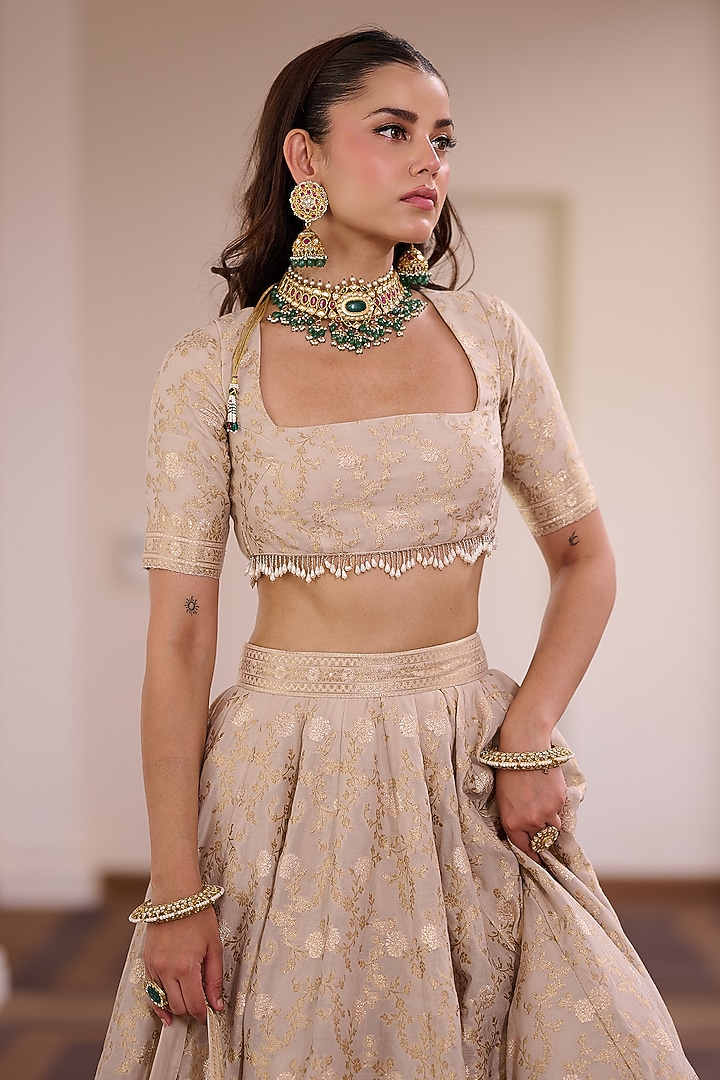 Ivory Vegan Silk Floral & Gota Embellished Wedding Lehenga Set by Safaa at Pernia's Pop Up Shop