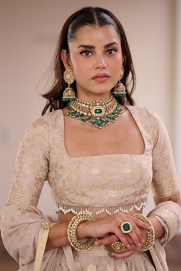 Ivory Vegan Silk Floral & Gota Embellished Wedding Lehenga Set by Safaa at Pernia's Pop Up Shop