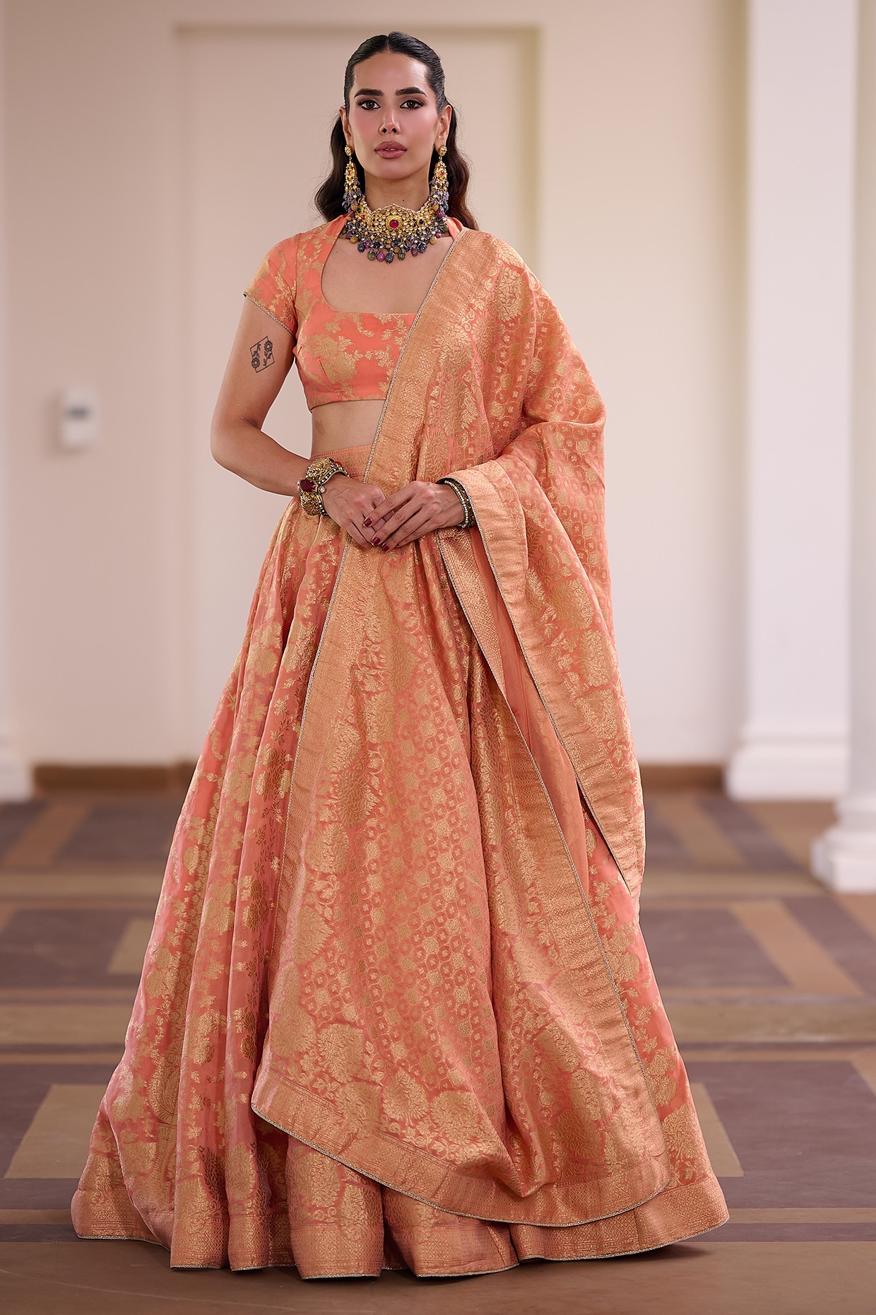 Safaa Coral Peach Organza Zari & Gota Embellished Lehenga Set