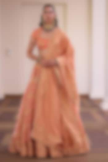 Coral Peach Organza Zari & Gota Embellished Wedding Lehenga Set by Safaa at Pernia's Pop Up Shop