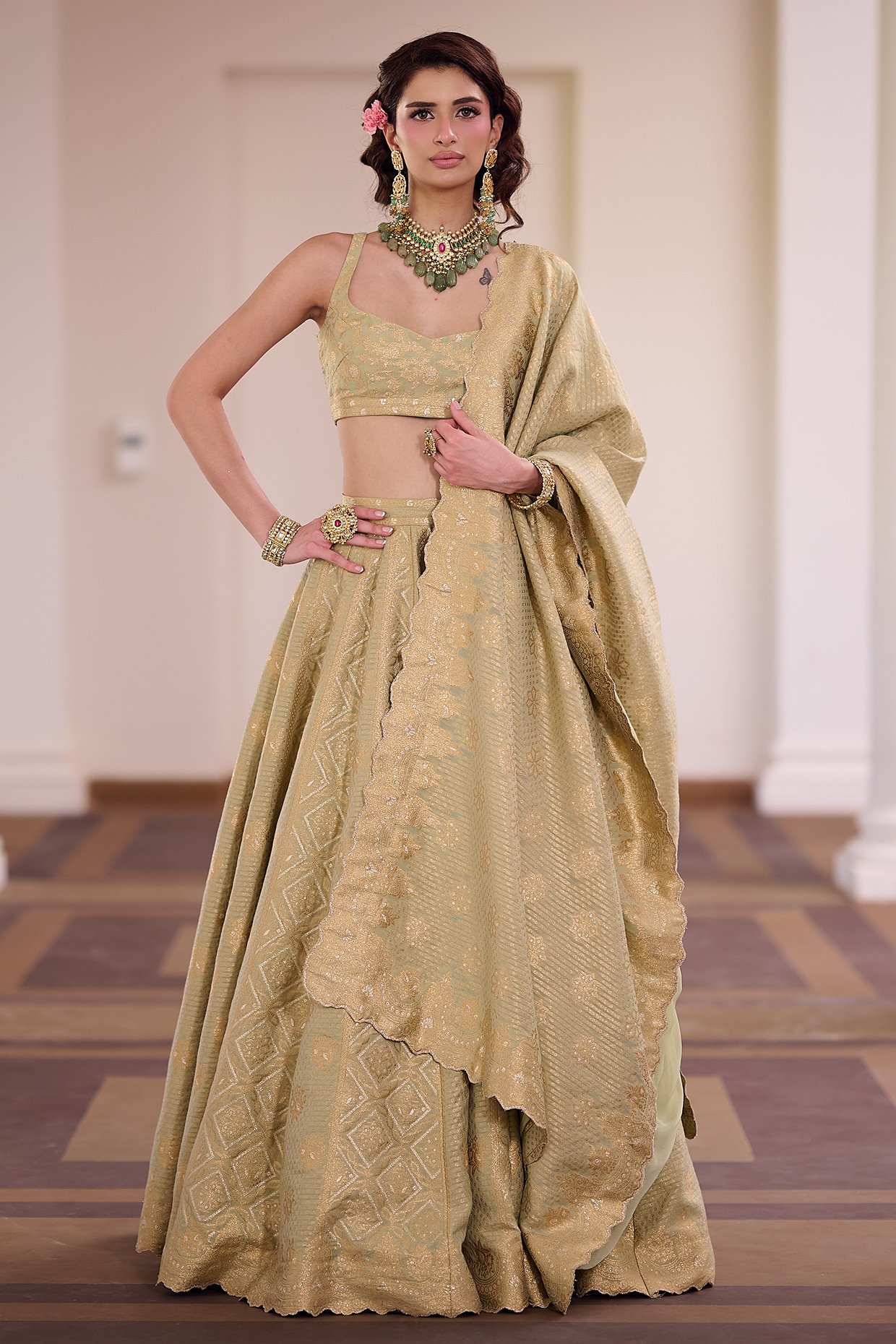 Safaa Sage Green Vegan Silk Bandhani Printed & Zari Embellished Lehenga Set