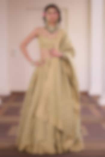 Sage Green Vegan Silk Bandhani Printed & Zari Embellished Wedding Lehenga Set by Safaa at Pernia's Pop Up Shop