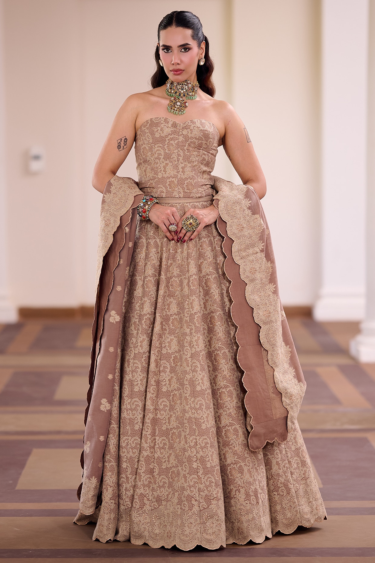 Safaa Mocha Brown Moonga Silk Lace Embroidered Lehenga Set