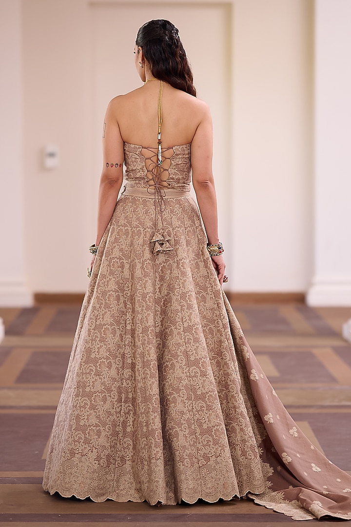 Mocha Brown Moonga Silk Lace Embroidered Wedding Lehenga Set by Safaa at Pernia's Pop Up Shop
