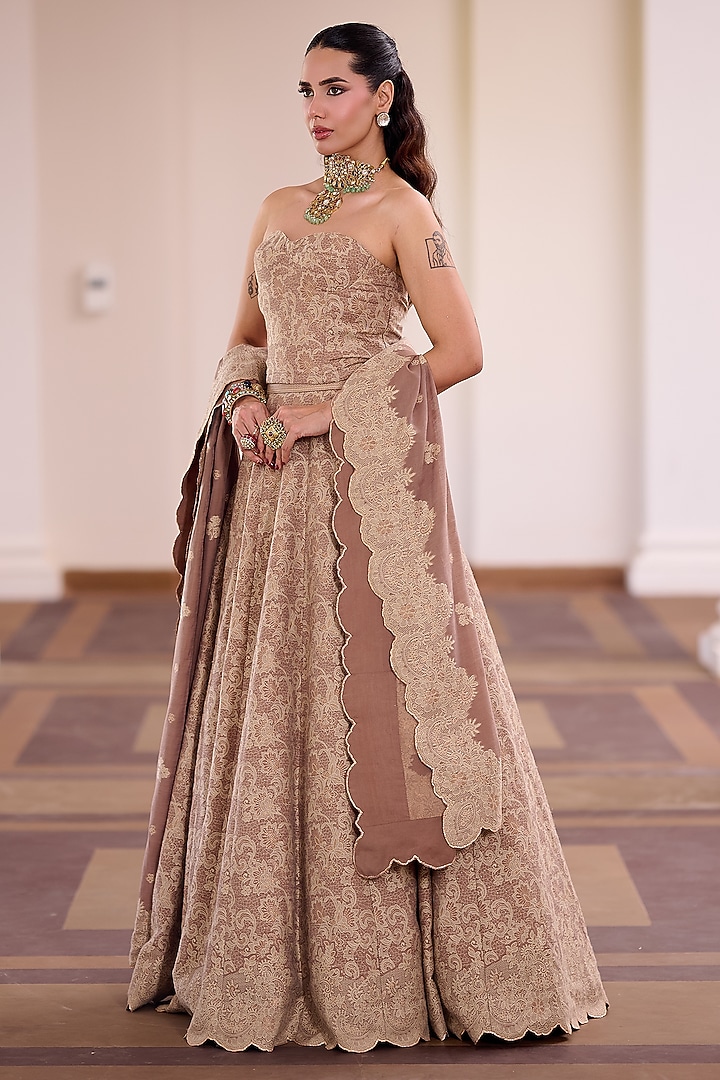 Mocha Brown Moonga Silk Lace Embroidered Wedding Lehenga Set by Safaa at Pernia's Pop Up Shop