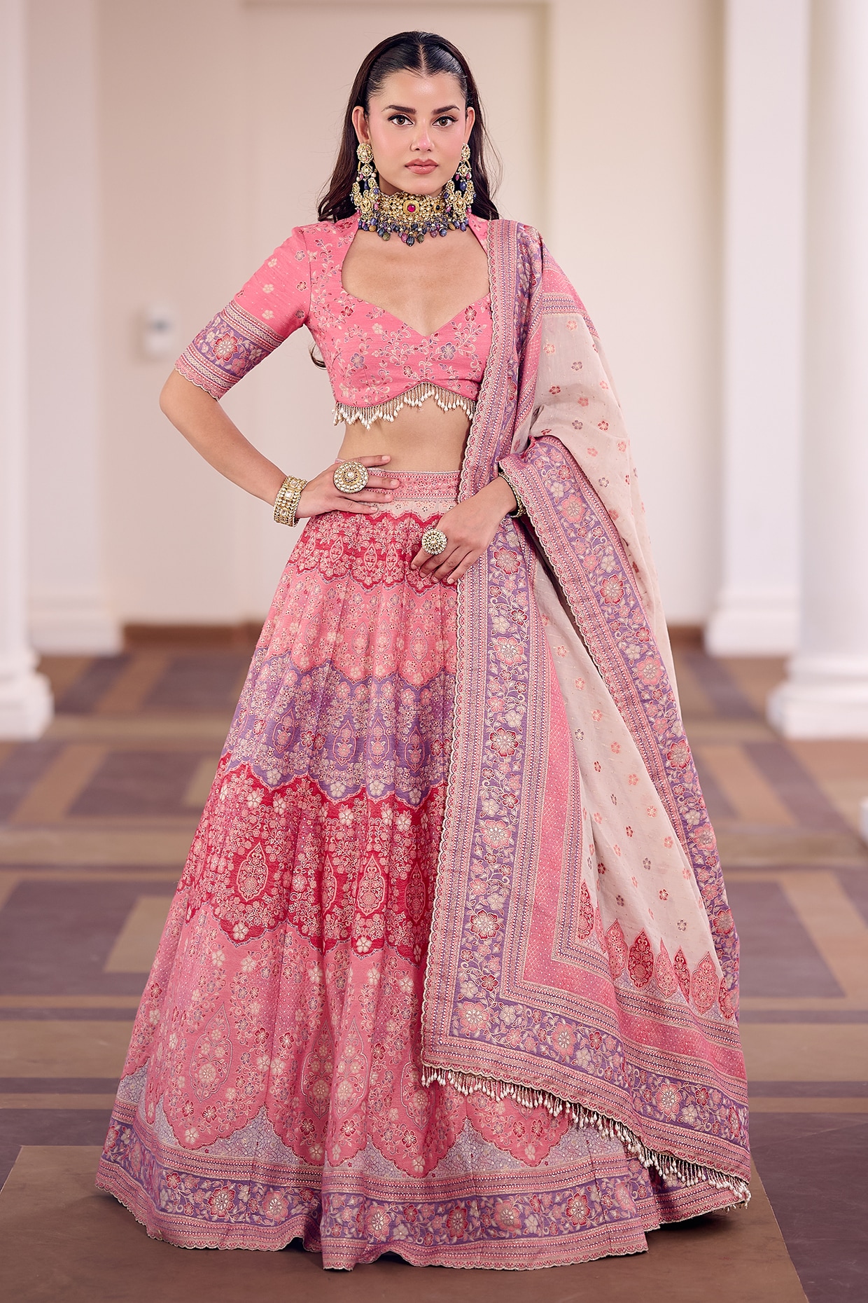 Safaa Multi-Colored Moonga Silk Floral Embroidered Lehenga Set