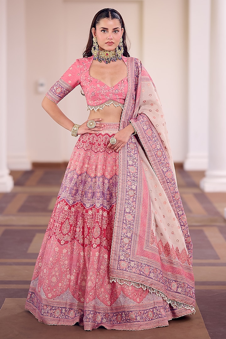 Multi-Colored Moonga Silk Floral Embroidered Wedding Lehenga Set by Safaa at Pernia's Pop Up Shop