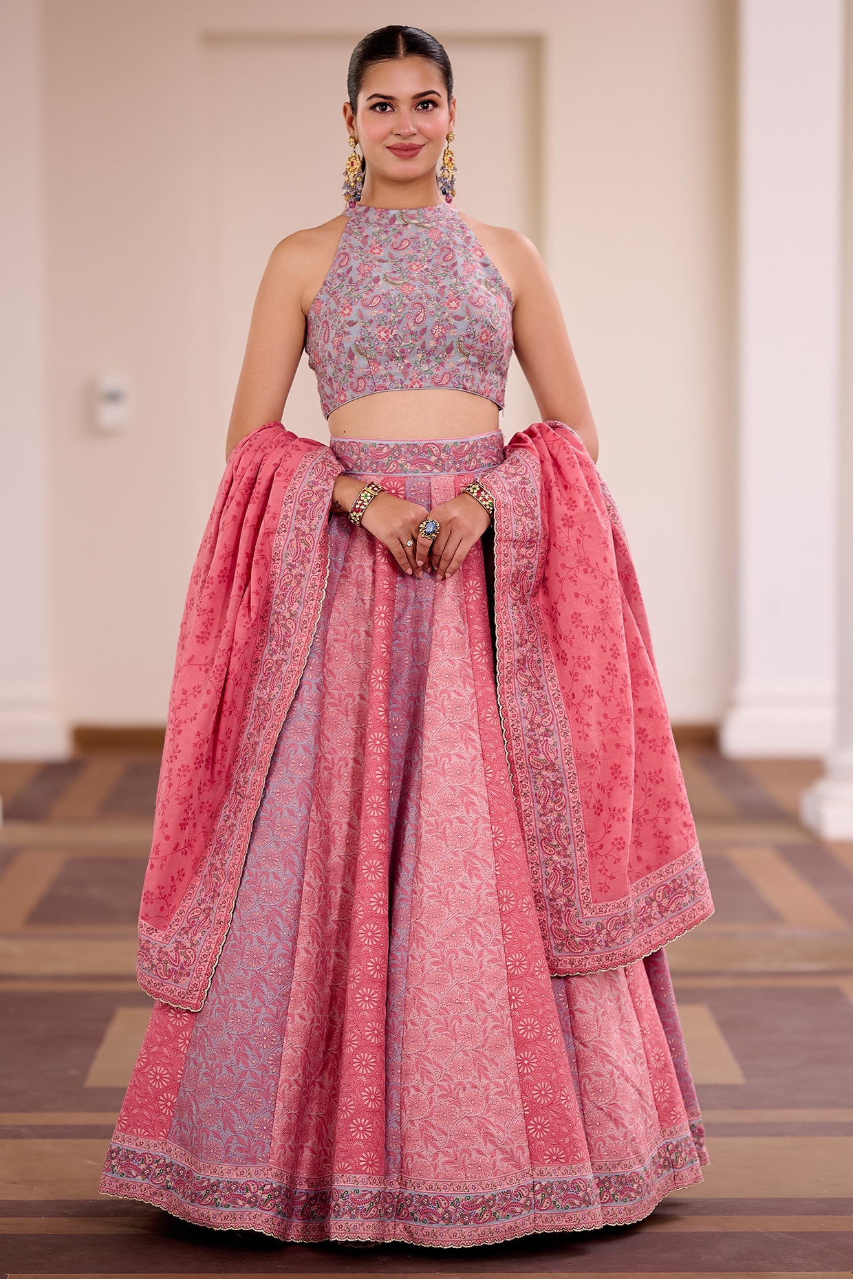 Safaa Multi-Colored Moonga Silk Floral Embroidered Lehenga Set