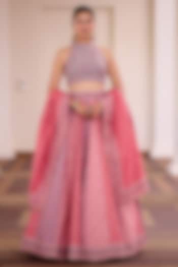 Multi-Colored Moonga Silk Floral Embroidered Wedding Lehenga Set by Safaa at Pernia's Pop Up Shop