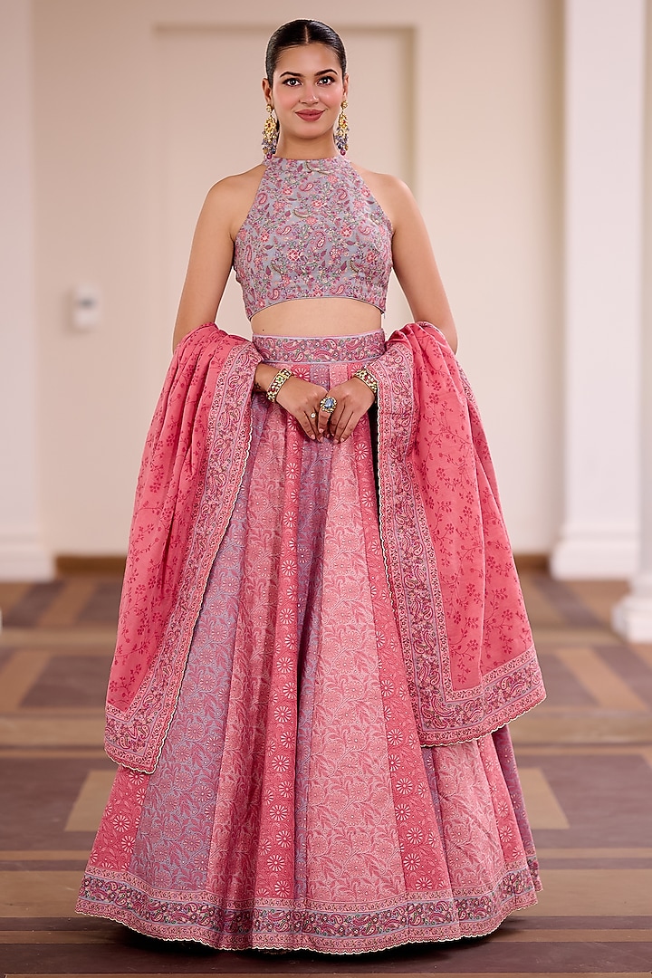 Multi-Colored Moonga Silk Floral Embroidered Wedding Lehenga Set by Safaa at Pernia's Pop Up Shop