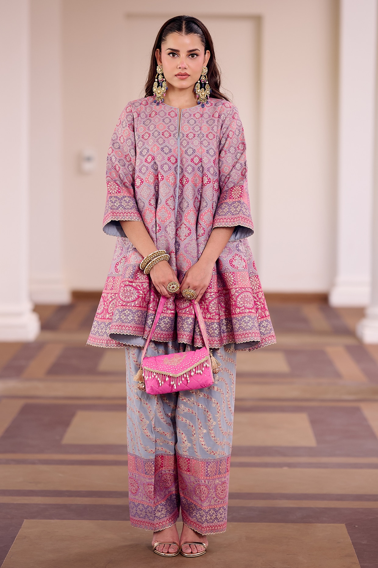 Safaa Multi-Colored Moonga Silk Leheriya Printed Kalidar Kurta Set
