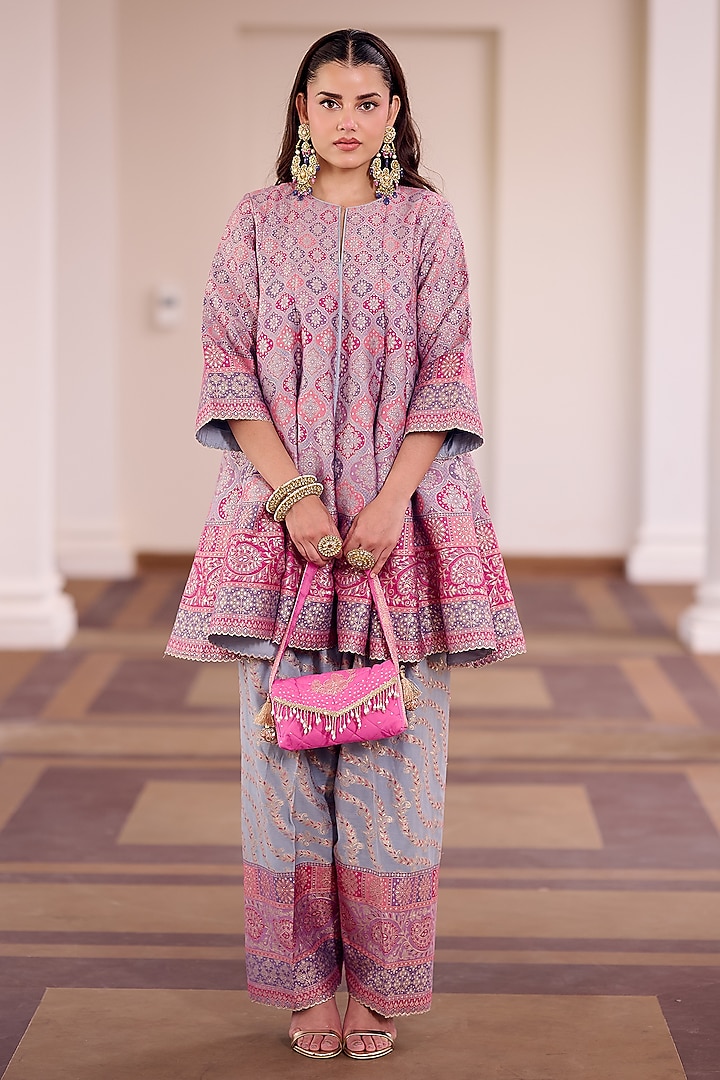 Multi-Colored Moonga Silk Leheriya Printed Kalidar Kurta Set by Safaa at Pernia's Pop Up Shop