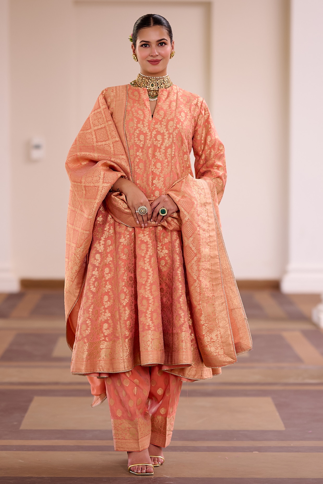 Safaa Coral Peach Organza Bandhani Printed Anarkali Set