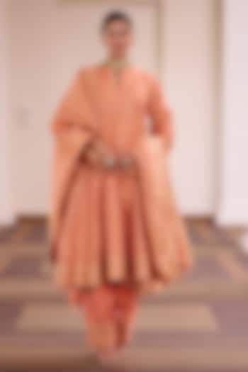Coral Peach Organza Bandhani Printed Wedding Anarkali Set by Safaa at Pernia's Pop Up Shop
