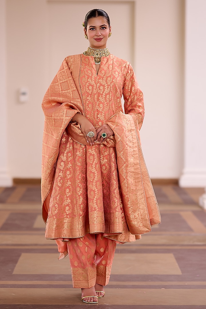 Coral Peach Organza Bandhani Printed Wedding Anarkali Set by Safaa at Pernia's Pop Up Shop