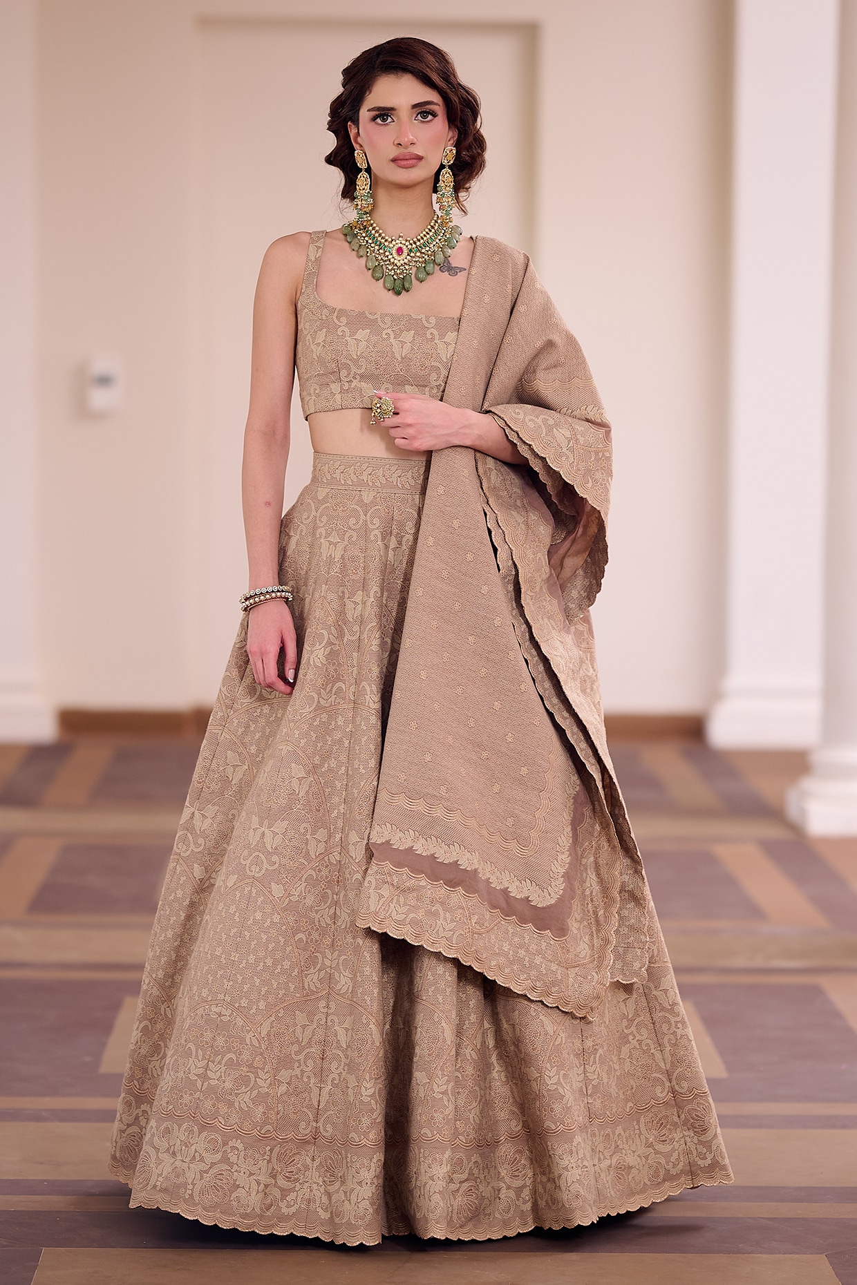 Safaa Mocha Brown Moonga Silk Lace Embroidered Lehenga Set