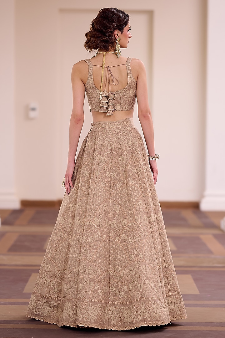 Mocha Brown Moonga Silk Lace Embroidered Wedding Lehenga Set by Safaa at Pernia's Pop Up Shop