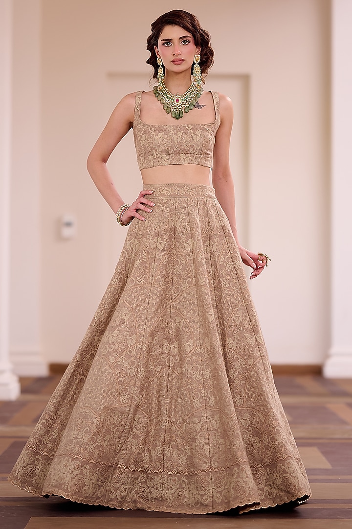 Mocha Brown Moonga Silk Lace Embroidered Wedding Lehenga Set by Safaa at Pernia's Pop Up Shop
