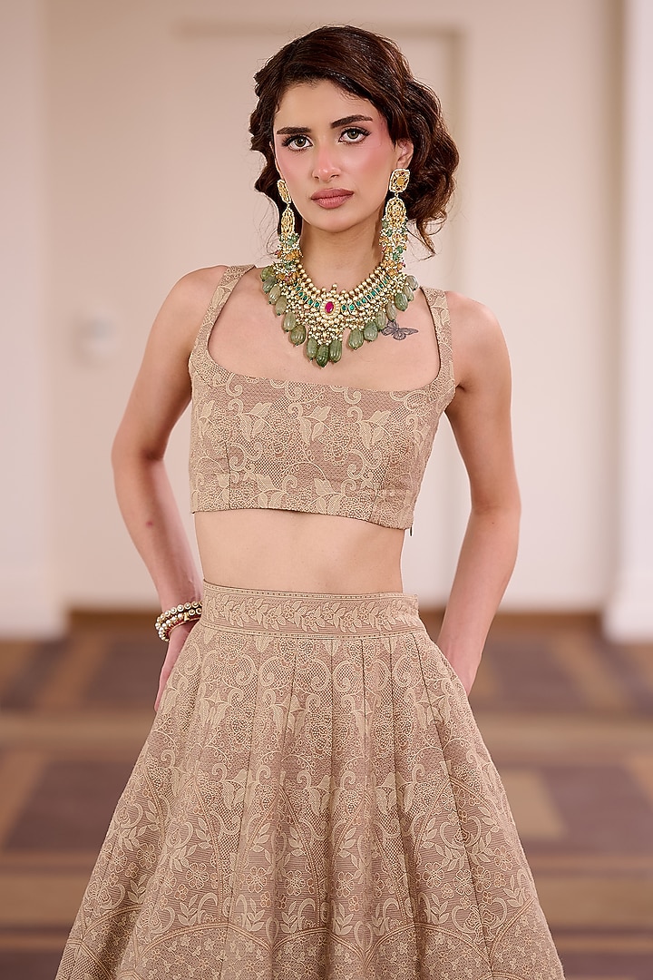 Mocha Brown Moonga Silk Lace Embroidered Wedding Lehenga Set by Safaa at Pernia's Pop Up Shop