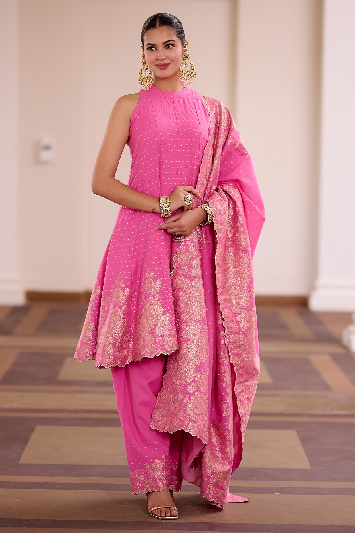 Safaa Fuchsia Pink Vegan Silk Floral Embellished Anarkali Set