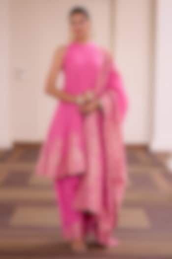 Fuchsia Pink Vegan Silk Floral Embellished Wedding Anarkali Set by Safaa at Pernia's Pop Up Shop