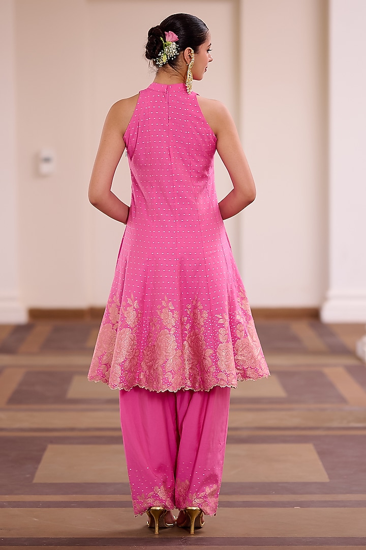 Fuchsia Pink Vegan Silk Floral Embellished Wedding Anarkali Set by Safaa at Pernia's Pop Up Shop