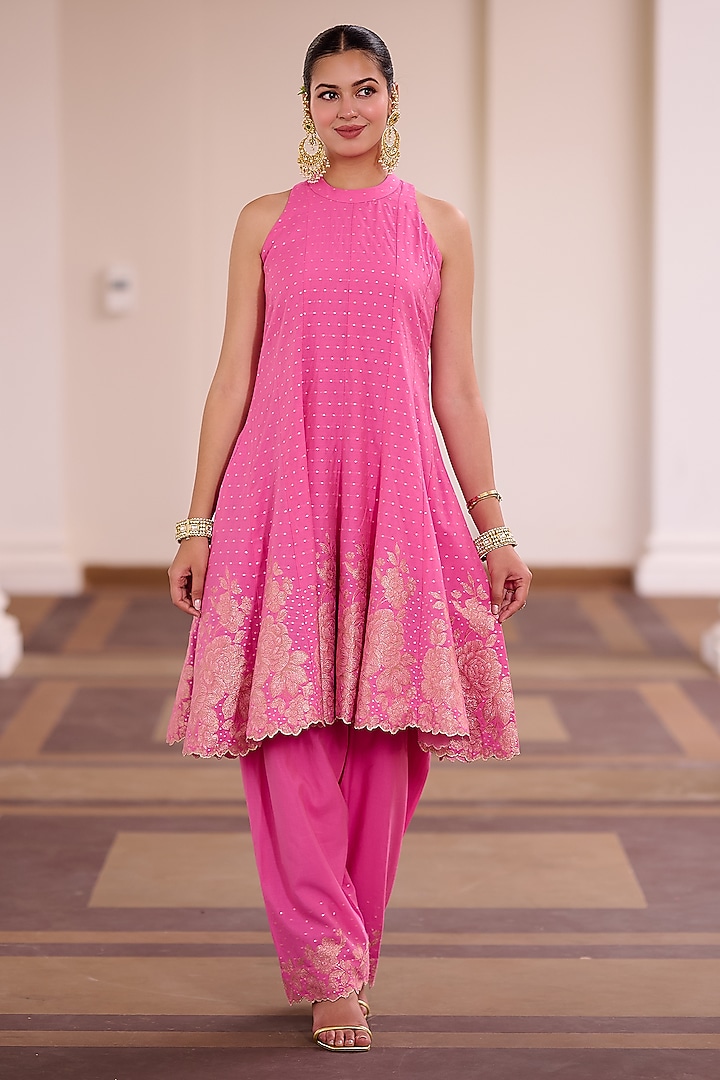 Fuchsia Pink Vegan Silk Floral Embellished Wedding Anarkali Set by Safaa at Pernia's Pop Up Shop